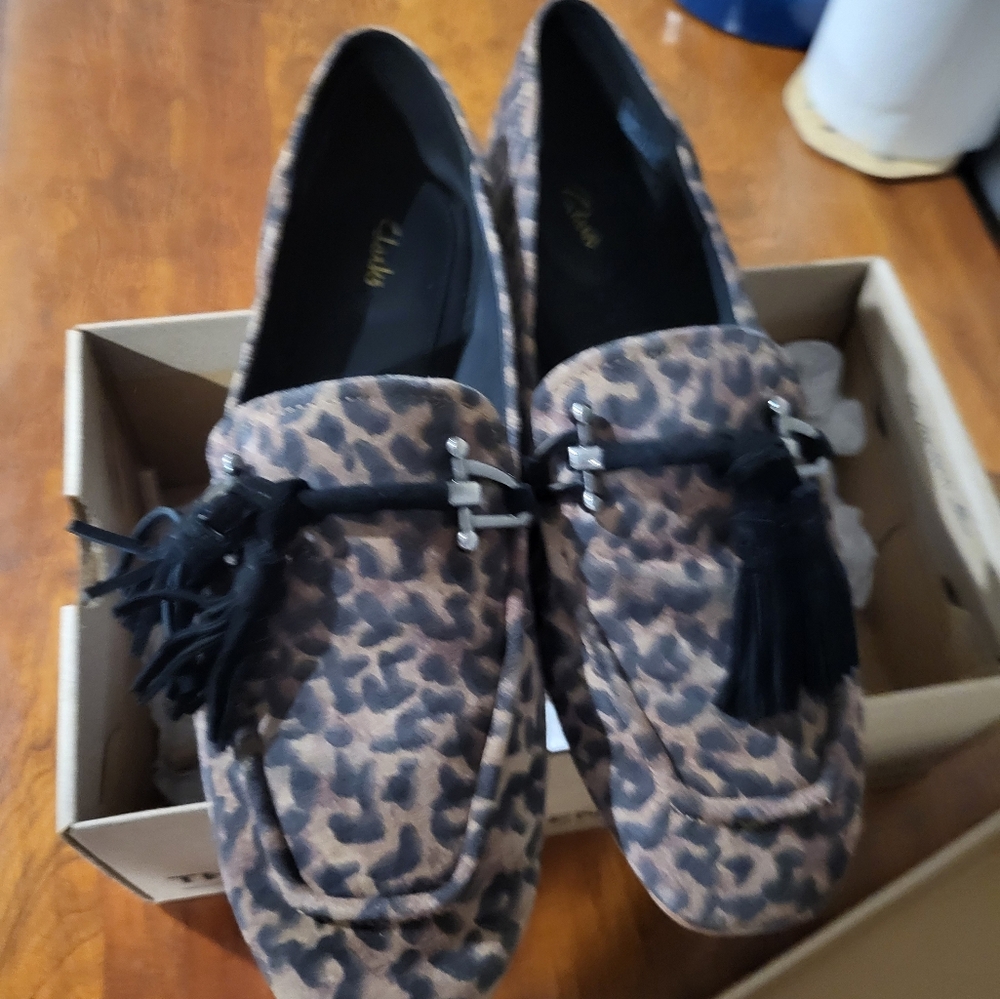 Clarks Brown Leopard Print Loafers with Tassels